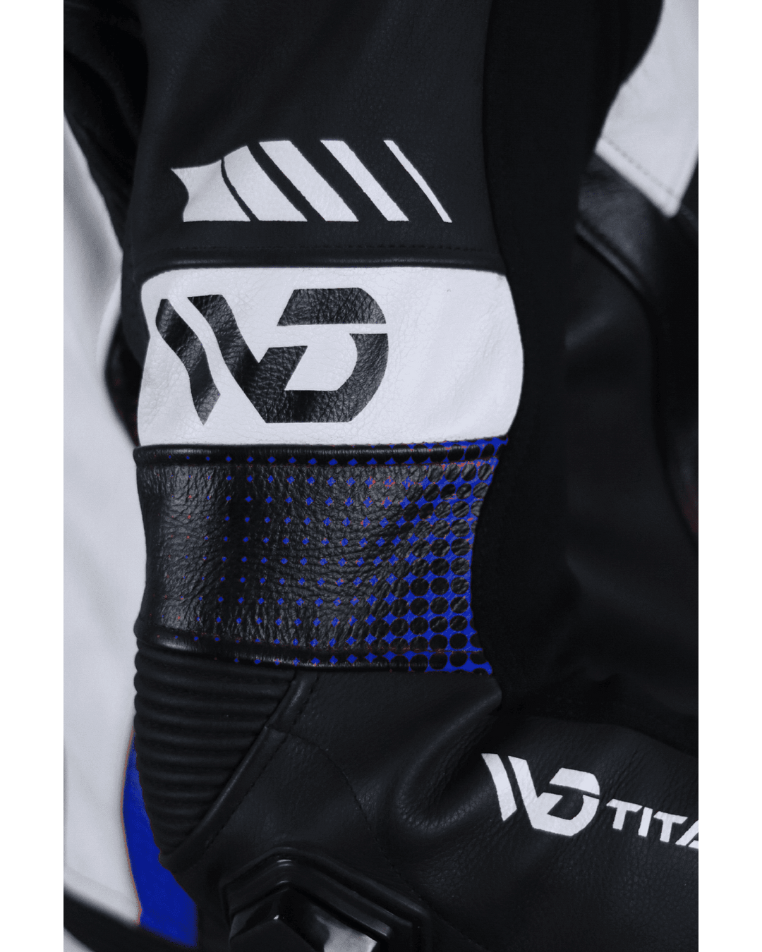 Titanium RR Motorcycle Suit - front arm View Blue Colour