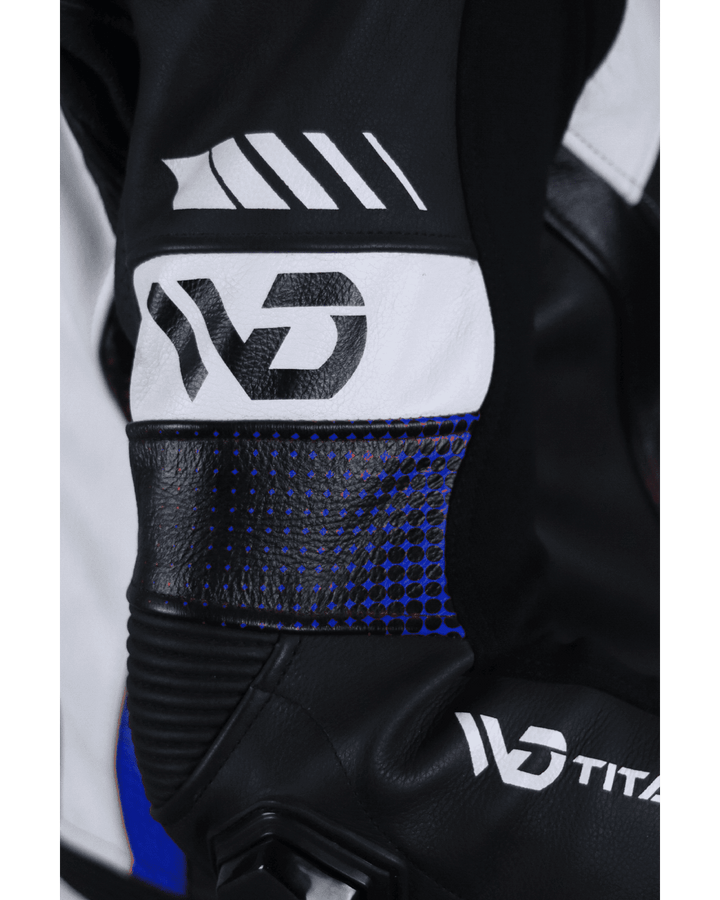 Titanium RR Motorcycle Suit - front arm View Blue Colour
