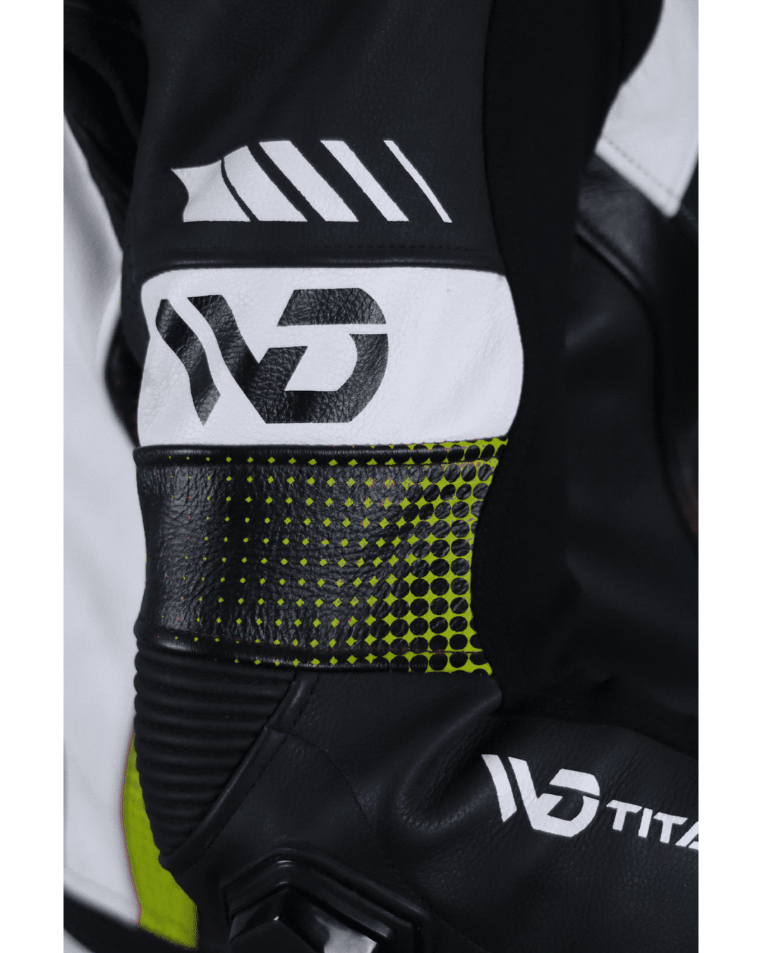 Titanium RR Motorcycle Suit - Front Arm View Neon Yellow Colour