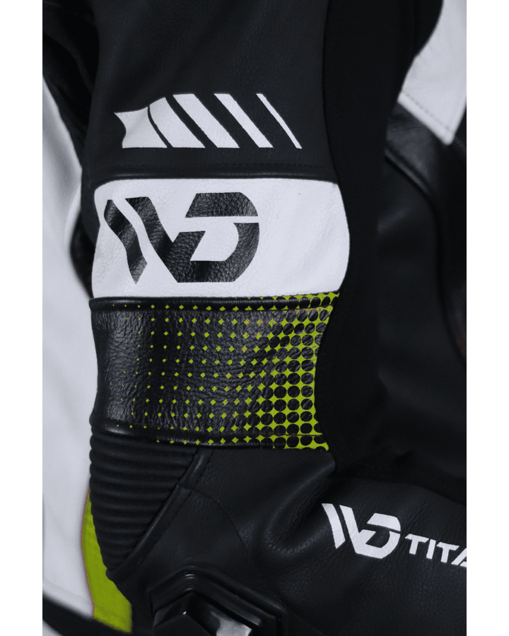 Titanium RR Motorcycle Suit - Front Arm View Neon Yellow Colour