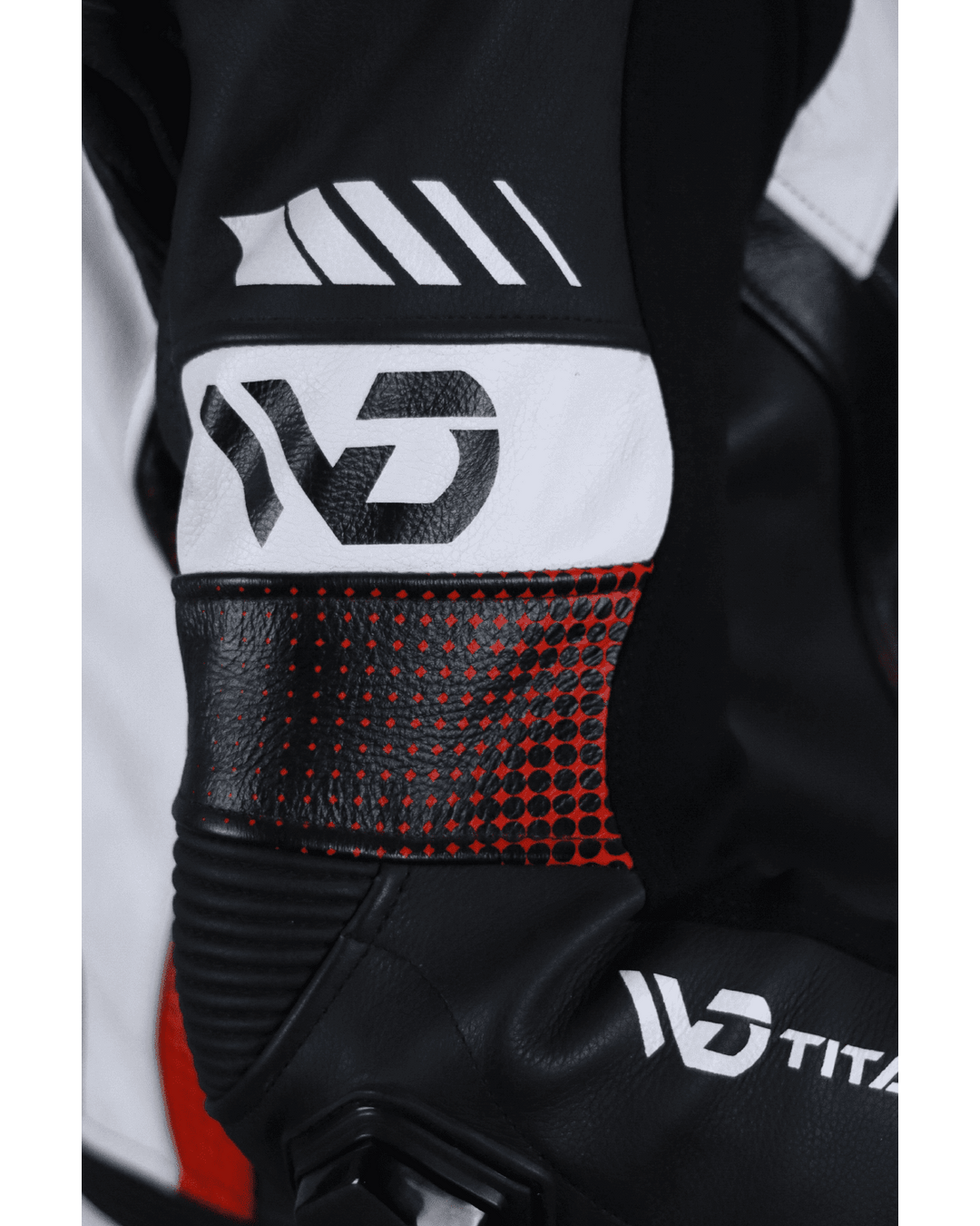 Titanium RR Motorcycle Suit - Front Arm View with WD Logo