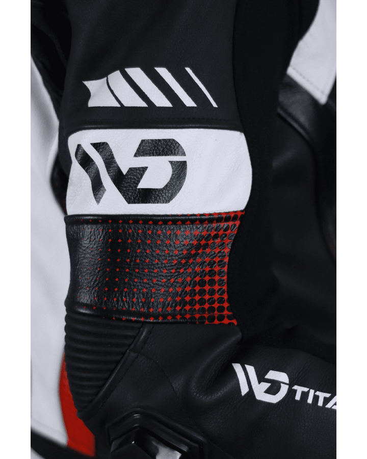 Titanium RR Motorcycle Suit - Front Arm View with WD Logo